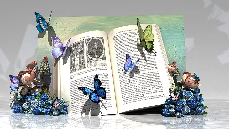Open Book With Colorful Butterflies Surrounded By Blue Flowers And Decorations 3d model 