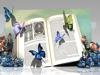 Open Book With Colorful Butterflies Surrounded By Blue Flowers And Decorations 3d model