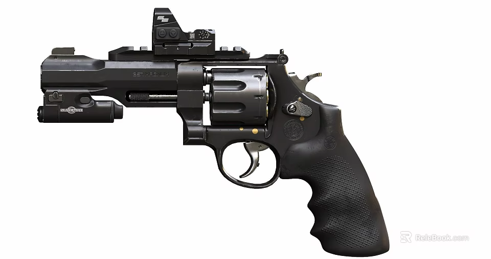 Black Tactical Revolver Handgun With Mounted Scope And Textured Grip 3d model 