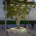 Tree Pit With Colorful Seating Blocks And Illuminated Design In Urban Square