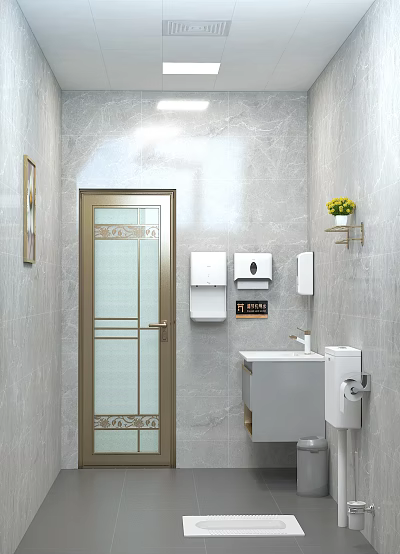 Hotel Bathroom Featuring Grey Tile Walls Decorative Glass Door White Sink And Yellow Flower Vase 3d model