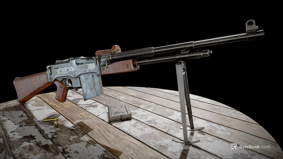 Rifle With Wooden Table Magazine Bullets And Metal Stand On Black Background 3d model 