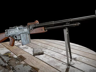 Rifle With Wooden Table Magazine Bullets And Metal Stand On Black Background 3d model