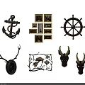 Vintage Nautical And Natural Decorative Items With Anchor Ship Wheel Antlers Frames And Fish Bone