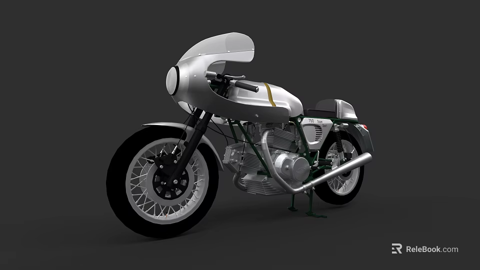 Vintage Silver Motorcycle Featuring Classic Windshield Black Wheels and Golden Accents 3d model 