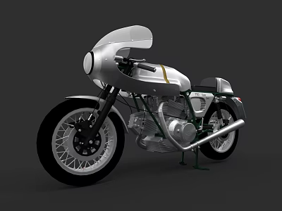 Vintage Silver Motorcycle Featuring Classic Windshield Black Wheels and Golden Accents 3d model