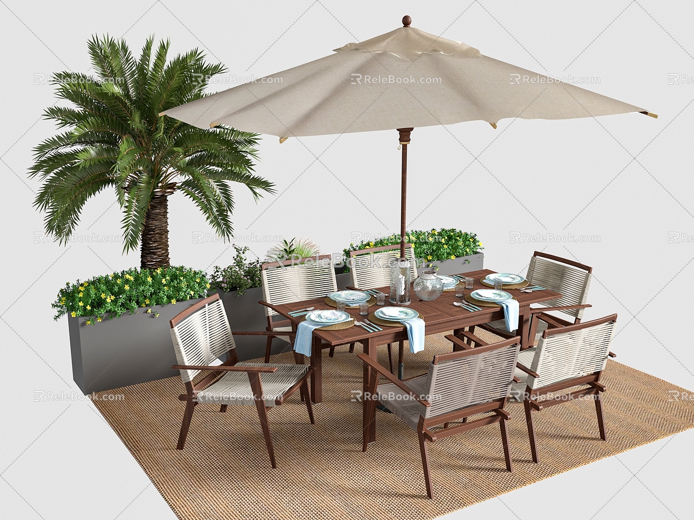 Outdoor Dining Table and Chair Leisure Table and Chair Sunshade Green Plant Potted Plant model