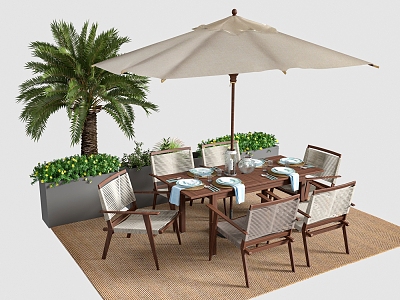 Outdoor Dining Table and Chair Leisure Table and Chair Sunshade Green Plant Potted Plant 3d model