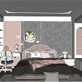 Kids Room Interior Design With Pink Headboard White Bedding And Rabbit Toy