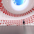 Art Installation With Red Origami Structures Circular Skylight Blue Sky And Person Inside 3d model