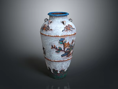 Vintage White Furniture Vase With Blue Rim Floral Leaf Patterns And Handles 3d model