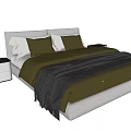 Modern Double Bed With Olive Green Bedding Velvet Pillows Gray Throw Blanket And White Headboard