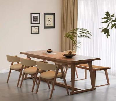 Minimalist Wooden Dining Table and Chair Set with Bench Green Plant and Decorative Paintings 3d model