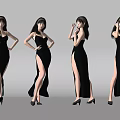 Women in Black High Slit Long Dresses Posing in Different Styles Against Gray Background