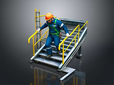 Metal Staircase With Yellow Handrails And Worker In Blue Work Uniform Orange Hard Hat 3d model