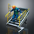 Metal Staircase With Yellow Handrails And Worker In Blue Work Uniform Orange Hard Hat