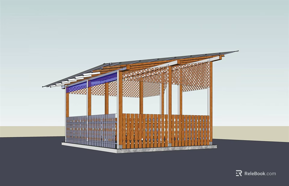 Modern Wooden Pavilion With Solar Panel Roof And Lattice Fence Structure 3d model 