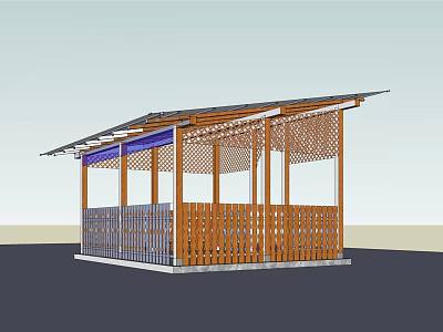 Modern Wooden Pavilion With Solar Panel Roof And Lattice Fence Structure 3d model