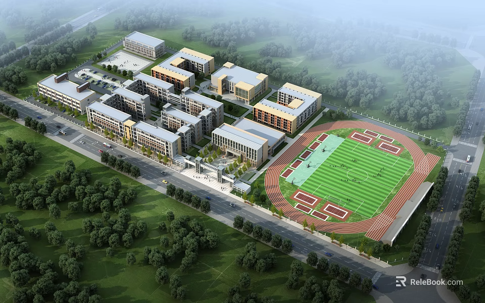Modern School Campus Buildings With Sports Field Green Lawns And Surrounding Trees 3d model 