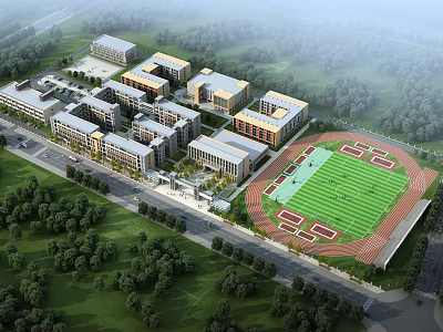Modern School Campus Buildings With Sports Field Green Lawns And Surrounding Trees 3d model