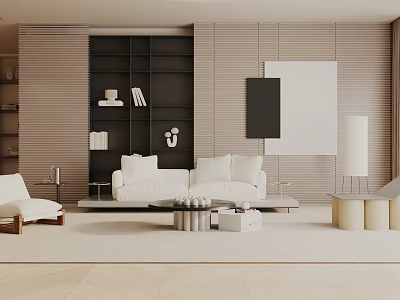 Modern Living Room Interior Design With White Sofa Black Bookshelf Decorative Art And Floor Lamp 3d model