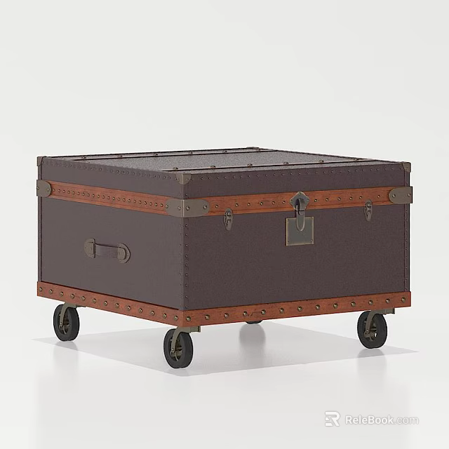 Entryway Side Cabinet In Brown With Wheels Lock Closure And Rivet Decorative Details 3d model 