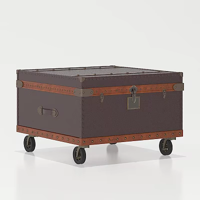 Entryway Side Cabinet In Brown With Wheels Lock Closure And Rivet Decorative Details 3d model