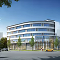 Modern Office Building Exterior Design With Curved Facade Large Windows And Trees 3d model