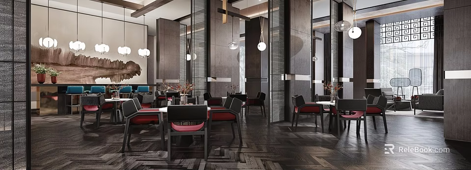 Modern Luxury Lounge Area With Marble Walls Pendant Lights And Geometric Patterned Flooring 3d model 