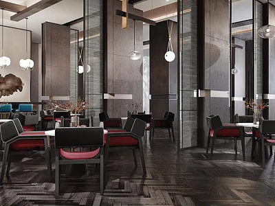 Modern Luxury Lounge Area With Marble Walls Pendant Lights And Geometric Patterned Flooring 3d model