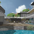 Modern Detached Villa with Large Glass Windows Swimming Pool and Outdoor Lawn Area