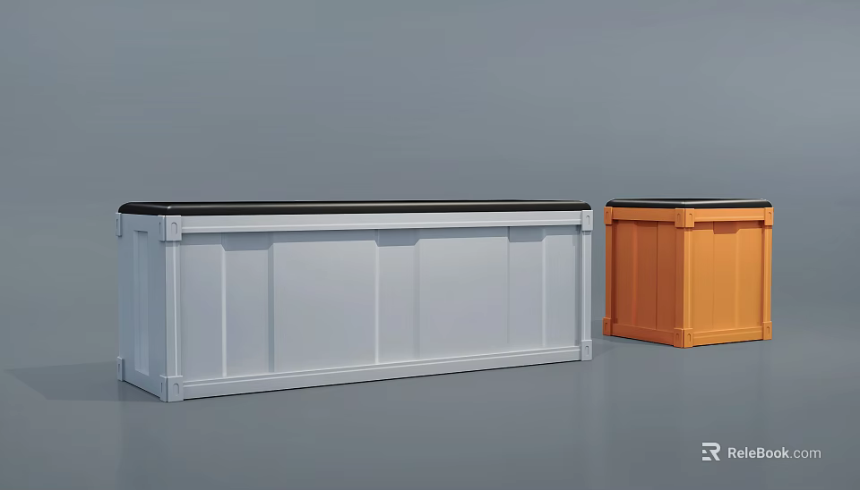 White and Orange Outdoor Public Chair with Rectangular Design and Black Top Surface 3d model 