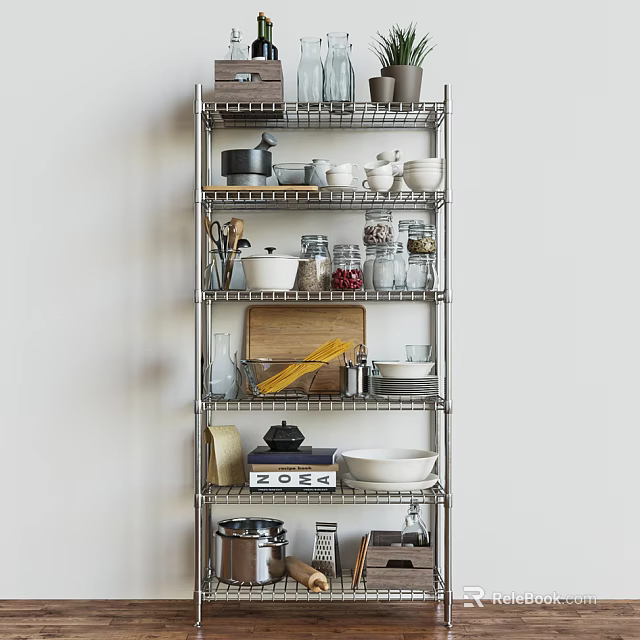 Multi tier Metal Storage Shelf Organizing Kitchen Pots Bowls Jars Pasta And Spices 3d model 