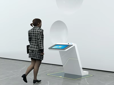 Woman Approaching White Public Facility Self-Service Kiosk With Blue Screen In Spacious Indoor Area 3d model