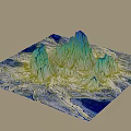 Dreamy Fantasy Landscape Featuring Jagged Mountain Peaks in Blue Green Tones and Winding Rivers