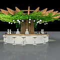 Modern Circular Bar Design With Tree Like Wooden Structure Green Plants White Lights And Stools