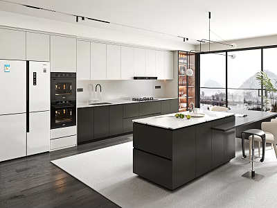 Modern Kitchen Interior With White Cabinets Black Island Counter And Appliances 3d model