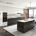 Modern Kitchen Interior With White Cabinets Black Island Counter And Appliances