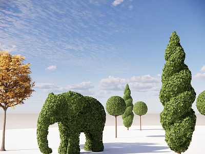 Elephant Spiral And Round Shaped Bushes With Yellow Leaved Tree Blue Sky And White Clouds 3d model