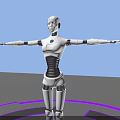White Humanoid Robot With Extended Arms Standing On Blue Platform With Purple Circular Rings Around