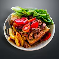 Delicious Mixed Food Bowl With Toast Tomato Lettuce Meat Fries And Olives