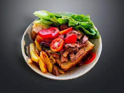 Delicious Mixed Food Bowl With Toast Tomato Lettuce Meat Fries And Olives 3d model