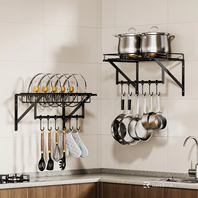 Modern Kitchen Wall With Black Hanging Rack Holding Stainless Steel Pots And Utensils 3d model 