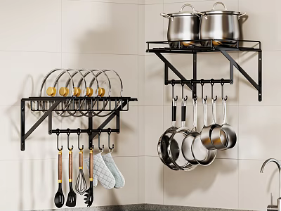 Modern Kitchen Wall With Black Hanging Rack Holding Stainless Steel Pots And Utensils 3d model