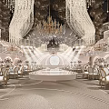Elegant Luxurious Banquet Hall Interior With Crystal Chandeliers Golden Chairs And Shiny Marble Floor