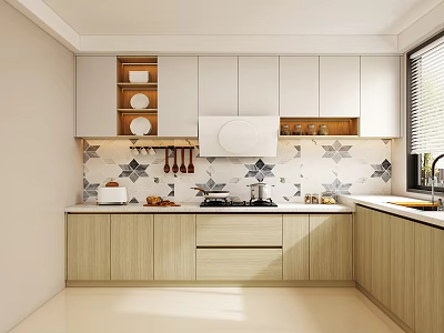 Modern Kitchen Design With Light Cabinets White Upper Cabinets Patterned Tile Backsplash Stove And Sink 3d model