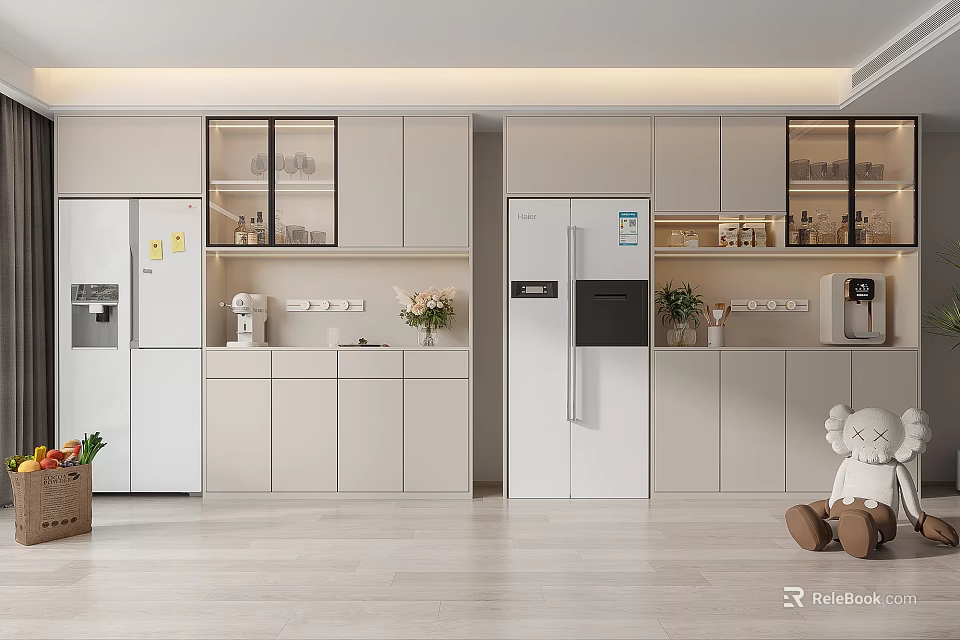 Modern Kitchen Interior With Stylish Wine Cabinet Glass Doors And White Storage Cabinets 3d model 