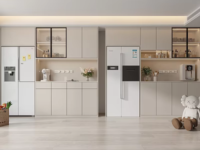 Modern Kitchen Interior With Stylish Wine Cabinet Glass Doors And White Storage Cabinets 3d model