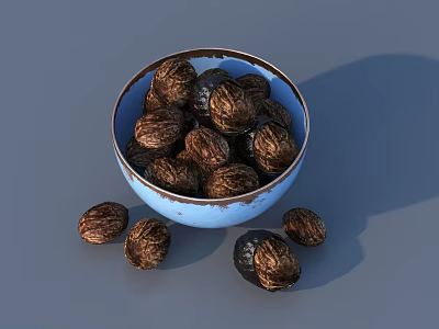 Delicious Roasted Nuts in Rustic Blue Bowl with Scattered Kernels on Gray Surface 3d model
