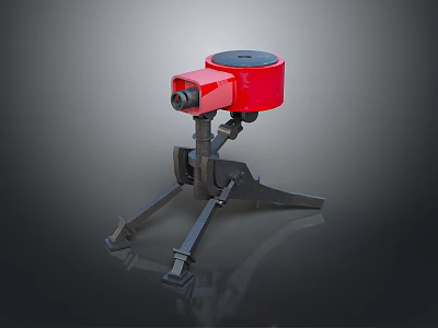 Red Tripod Mounted Device Featuring Circular Black Top Cover And Black Components 3d model